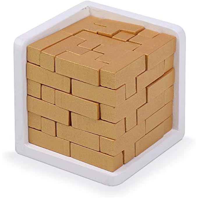 ORIGINAL 3D WOODEN BRAIN TEASER PUZZLE BY . GENIUS SKILLS BUILDER T-SHAPE PIECES. EDUCATIONAL TOY FOR KIDS AND ADULTS. GIFT DESK PUZZLES (GOLDEN EDITION) - Image 1